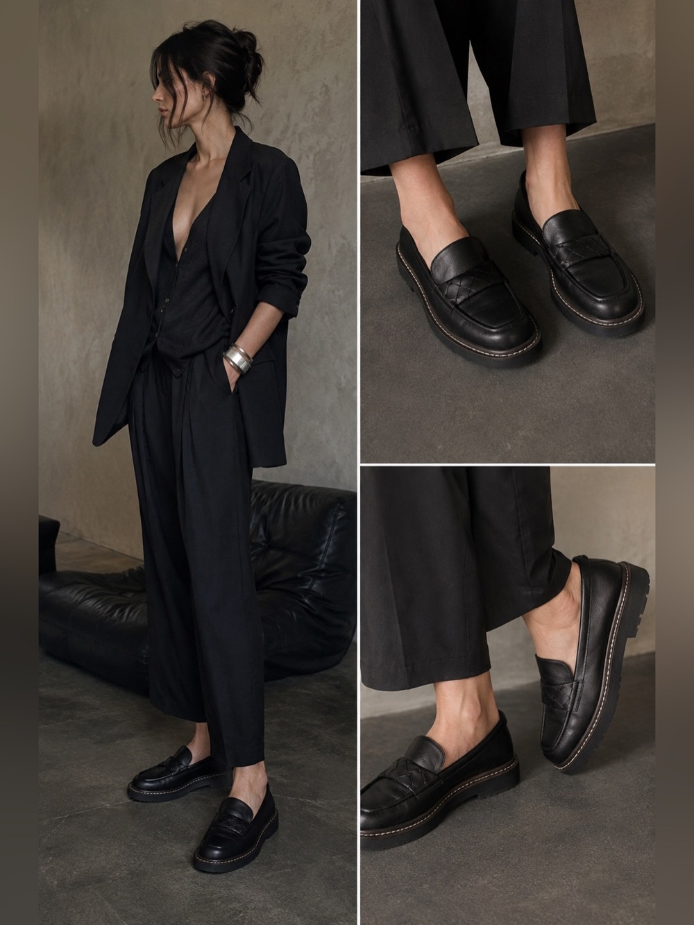 NORDSTROM Black Leather Woven Lug Sole Penny Loafers Women’s 8M